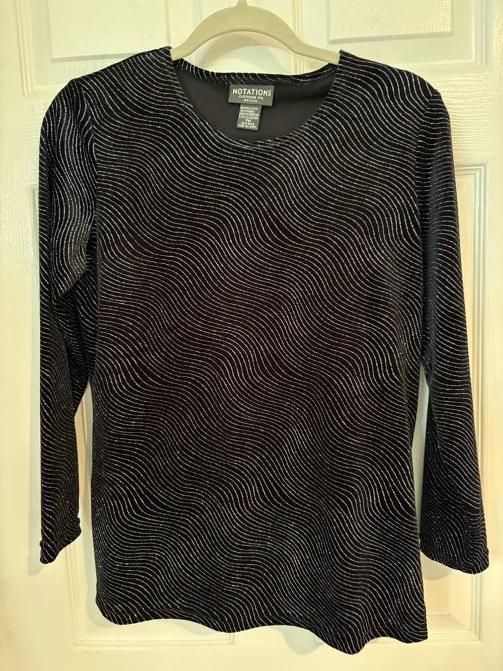 Notations Black Wave-Print Long-Sleeve Top with Silver Sparkle